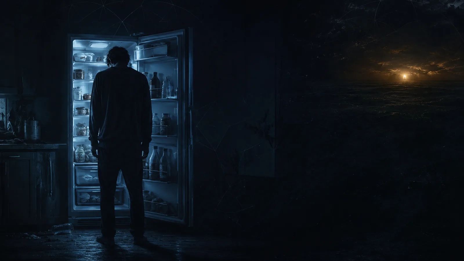 Una persona de espaldas frente a la heladera abierta en una cocina a oscuras, sin decidir qué comer