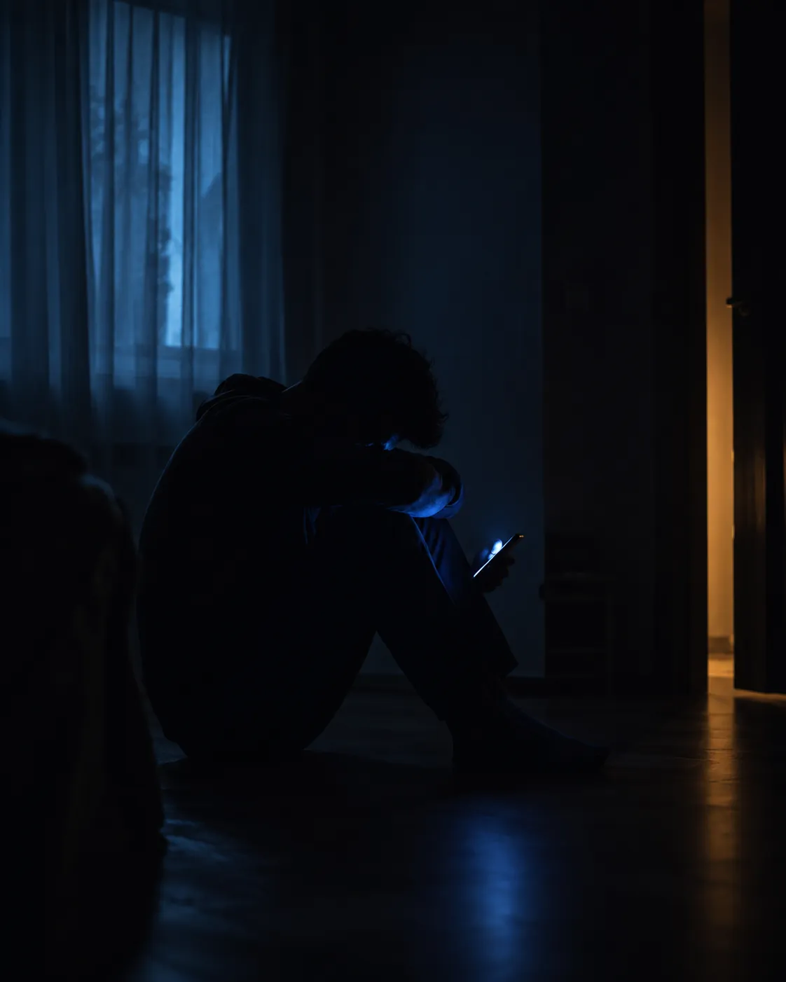 Una persona sentada en la oscuridad, iluminada apenas por la pantalla del celular