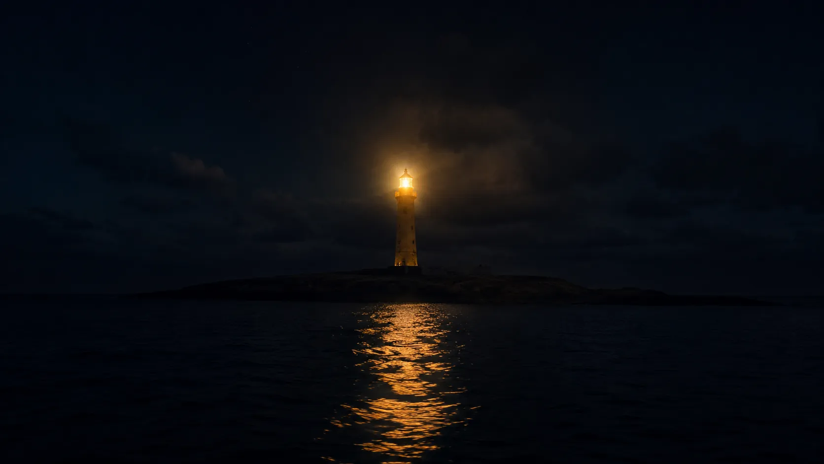 Un faro sereno encendido de noche, su luz reflejada en el agua quieta
