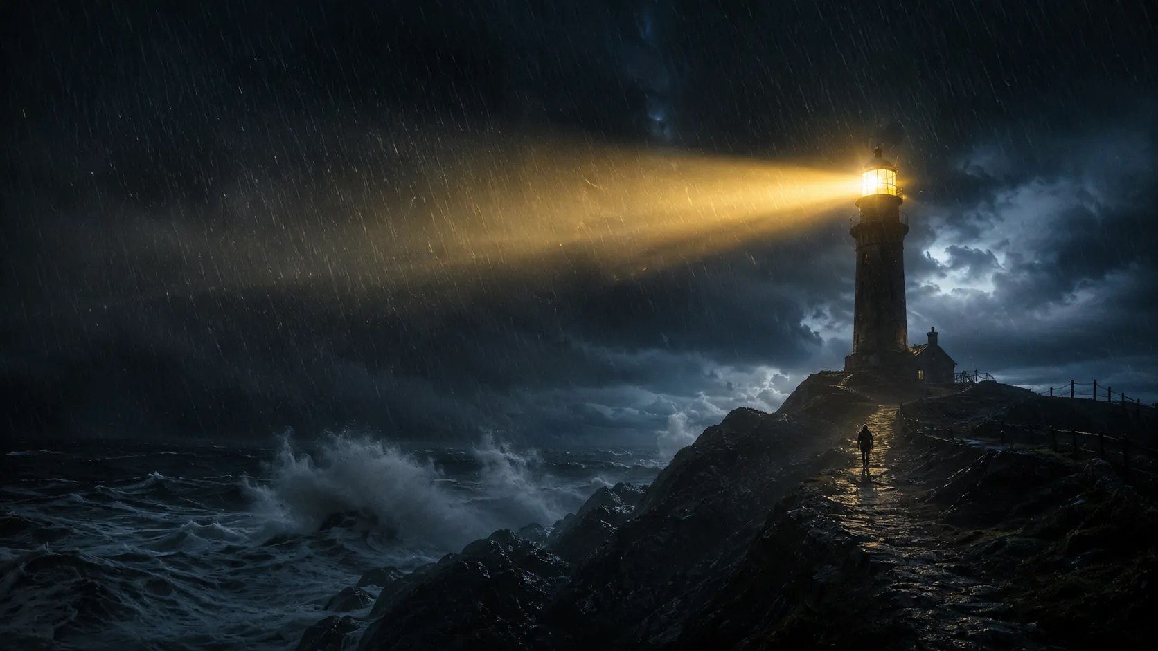 Un faro encendido en plena tormenta, su haz dorado cruzando la lluvia sobre el mar